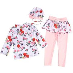 Aqua Wave - Kids Set: Flower Print Rash Guard + Inset Skirt Swim Tights + Swim Bonnet Aqua Wave - Kids Set: Flower Print Rash Guard + Inset Skirt Swim Tights + Swim Bonnet