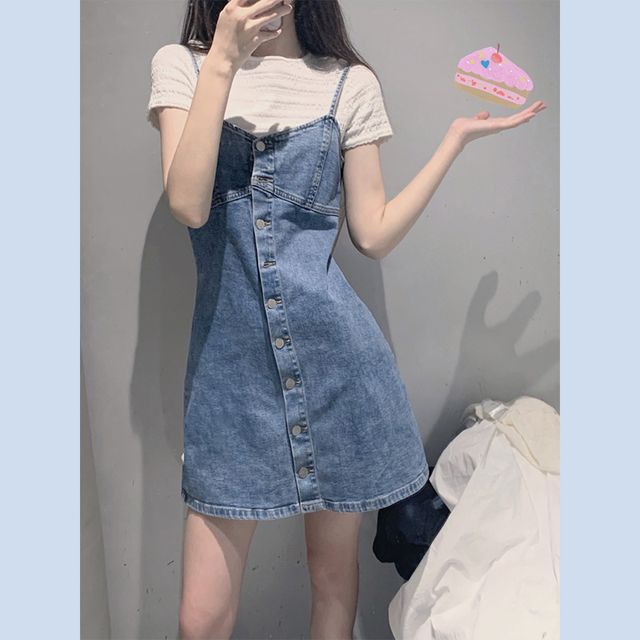 Fabflower Short-Sleeve T-Shirt Spaghetti Strap Denim Mini A