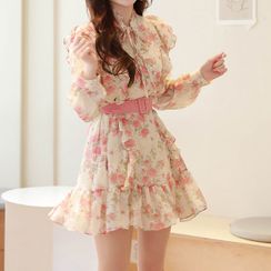 MyFiona - Tie-Neck Frilled Floral Chiffon Dress with Belt MyFiona - Tie-Neck Frilled Floral Chiffon Dress with Belt