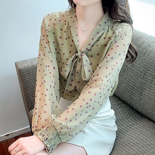 PERFASHIONIST - Long-Sleeve Tie-Neck Heart Print Blouse | YesStyle