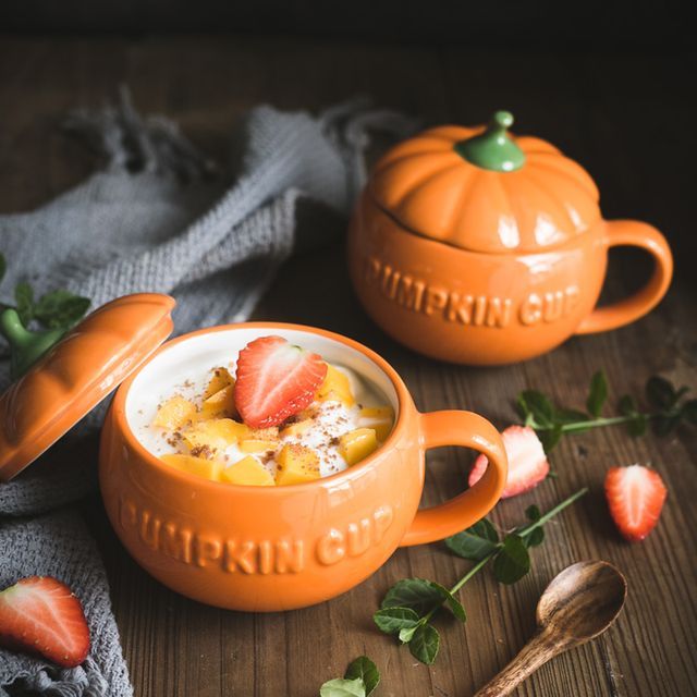 Archok-Pumpkin Ceramic Mug Lid Wooden Spoon Ceramic Spoon Set