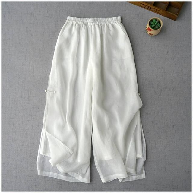 Lewwe-Elastic Waist Slit Frog Button Culottes
