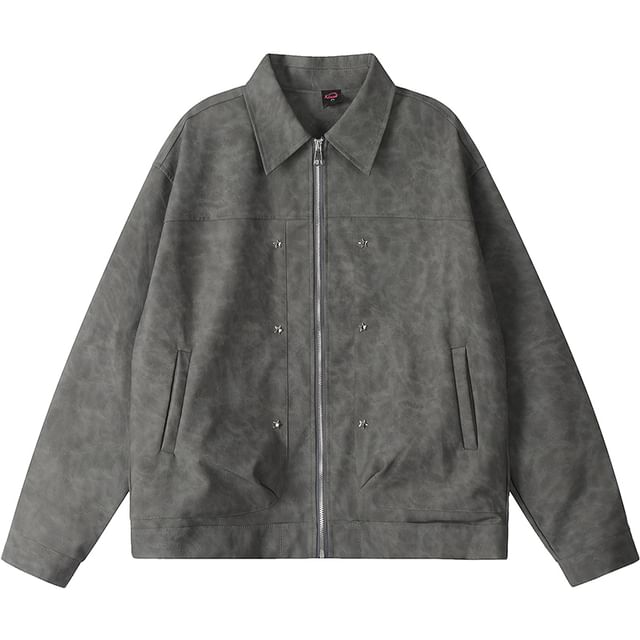 CHIC ERRO-Lapel Collar Plain Studded Faux Leather Zip Jacket