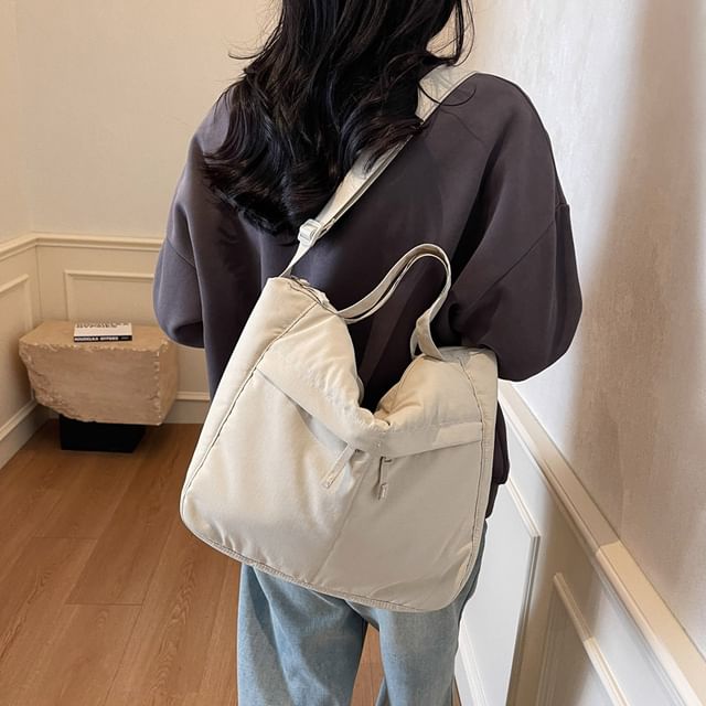 Hikuozy-Plain Fabric Crossbody Tote Bag