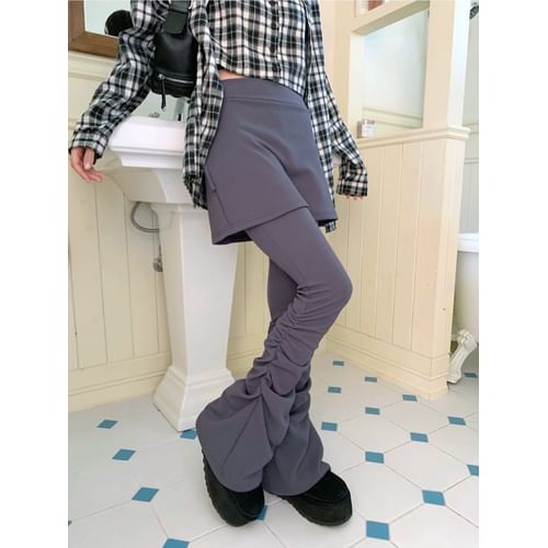 SeoulPop - High-Rise Plain Flared Skirt Overlay Pants | YesStyle
