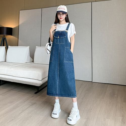 midi denim dungaree dress Dungaree dress for women