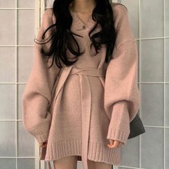 Shopherd - Long-Sleeve Mini Shirtdress / V-Neck Sweater Shopherd - Long-Sleeve Mini Shirtdress / V-Neck Sweater