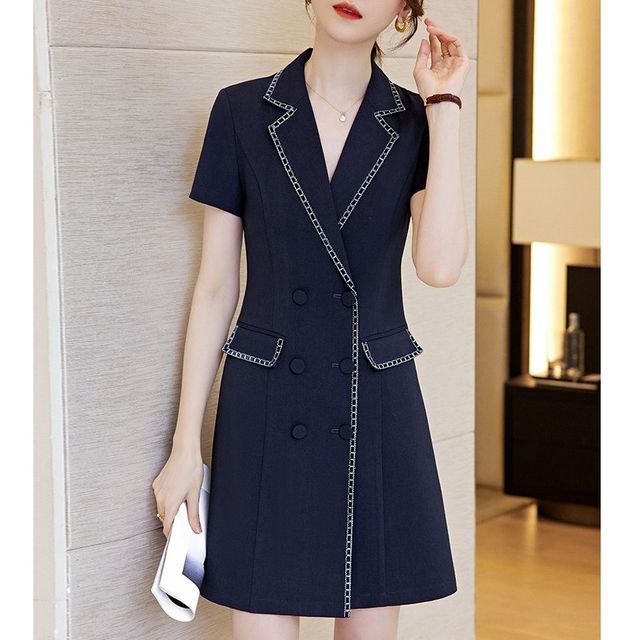 Ice Cloud - Short-Sleeve Plain Contrast Stitching Mini A-Line Blazer Dress  | YesStyle