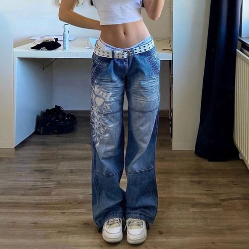 Low Waist Heart-Print Washed Baggy Jeans