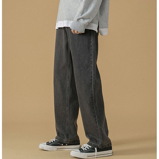Obikan-Washed Straight-Cut Loose Jeans