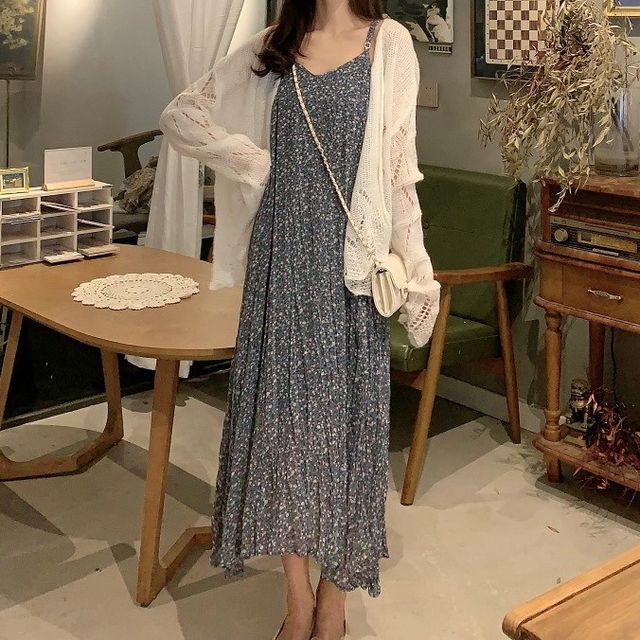 Rorah - Flower Print Spaghetti Strap Midi Shift Dress / Pointelle Knit  Cardigan | YesStyle