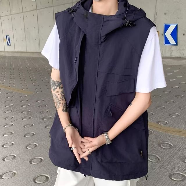 farrahces-Plain Hooded Zip Vest