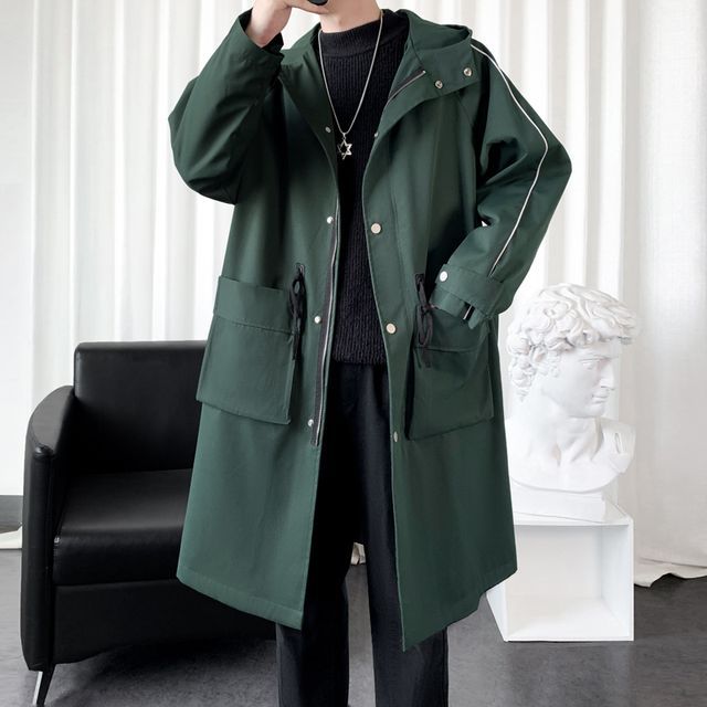 Striped Side Hooded Button-Up Trench 