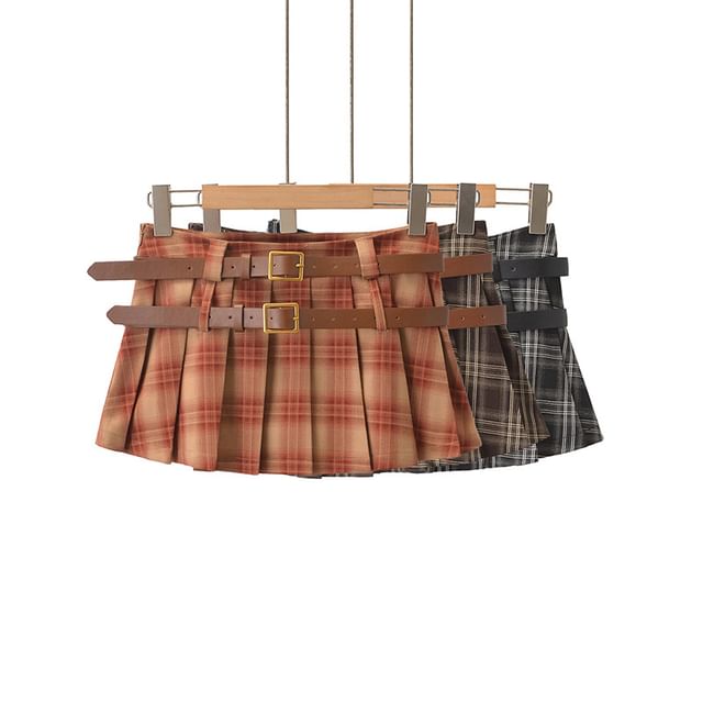 Asiris-Low Rise Plaid Mini A-Line Pleated Skirt