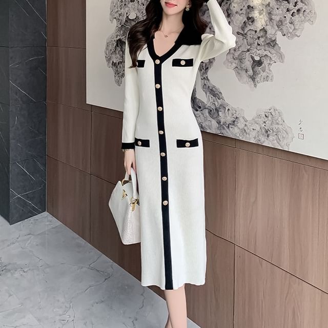 Odestra - Long Sleeve V-Neck Contrast Trim Button Down Bodycon Midi Dress |  YesStyle