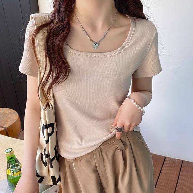 Cloud Nine-Short-Sleeve Square Neck Plain T-Shirt