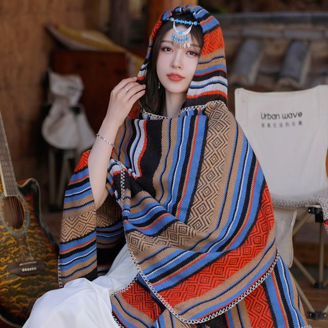 JVL-Striped Hooded Open Front Poncho