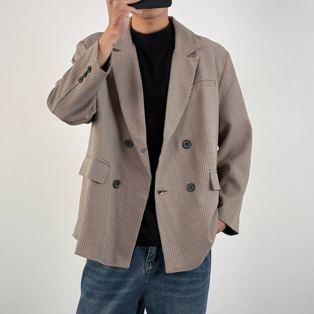 DragonRoad-Notch Lapel Houndstooth Double-Breasted Blazer