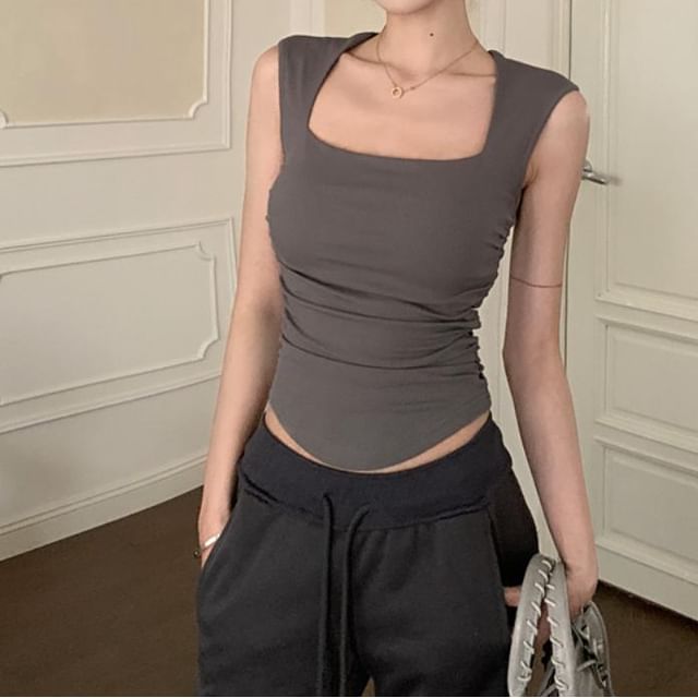 Allinya-Square Neck Plain Ruched Crop Tank Top