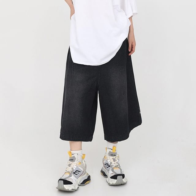 Adothuiastic-Mid Rise Washed Capri Wide Leg Jeans