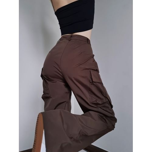 High Rise Plain Wide Leg Cargo Pants