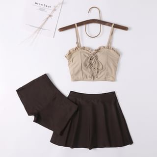 Floral Closet Set: Plain Ruffle Trim Lace-Up Tankini Top + Swim Skirt