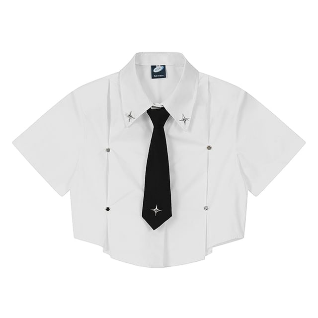 Keiko Girl-Set Short-Sleeve Collared Star Accent Studded Button-Up Crop Blouse Necktie