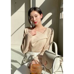 chuu - Folded V-Neck Ribbed Top chuu - Folded V-Neck Ribbed Top