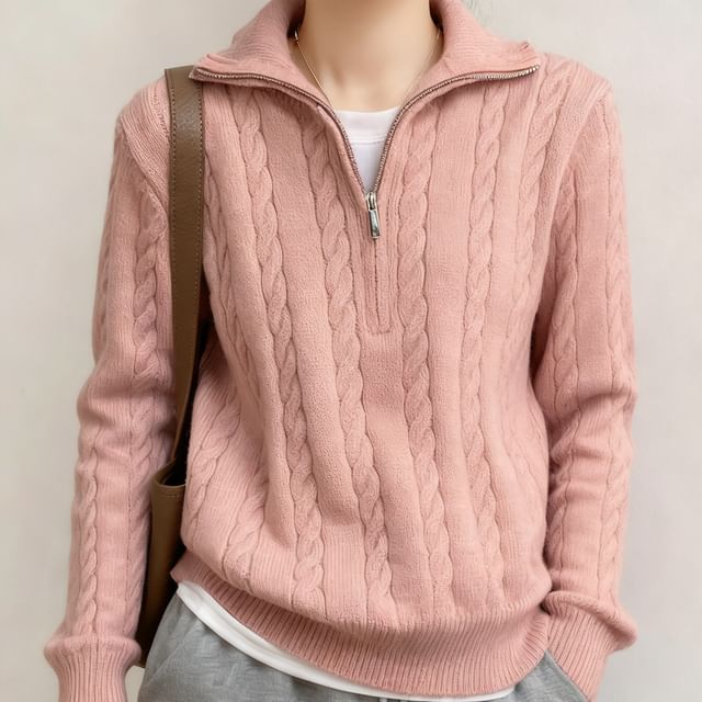 Beaustreet-Long-Sleeve Plain Half-Zip Cable Knit Sweater