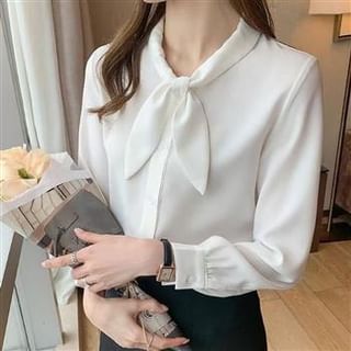 Everose-Long-Sleeve Tie-Neck Plain Blouse