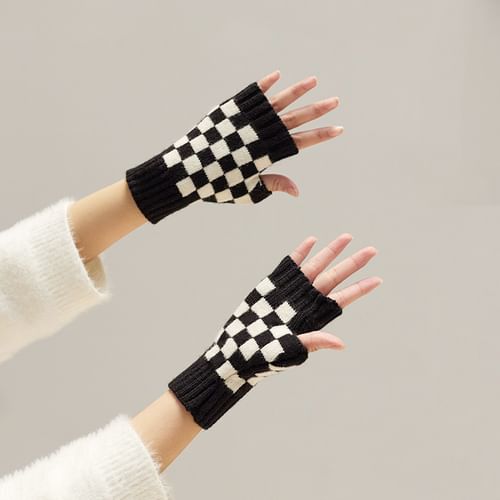 小物 Nori N.HOOLYWOODFINGERLESS KNIT GLOVE Hyoty - Checker Knit Fingerless Gloves | YesStyle