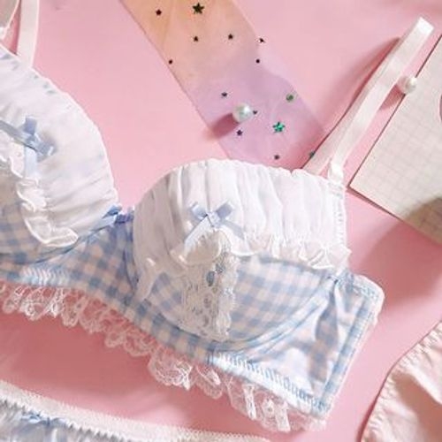 Pinky Lace Up Frilly Knickers and Bra Set