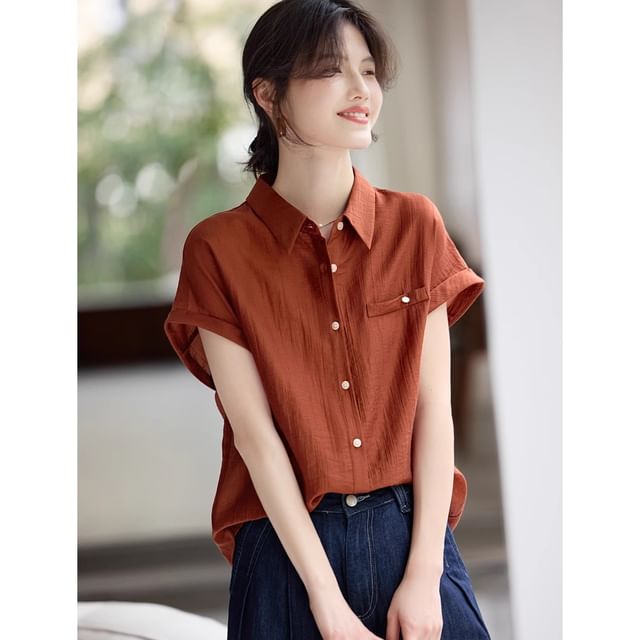 Jeonseon-Short Sleeve Collared Plain Shirt