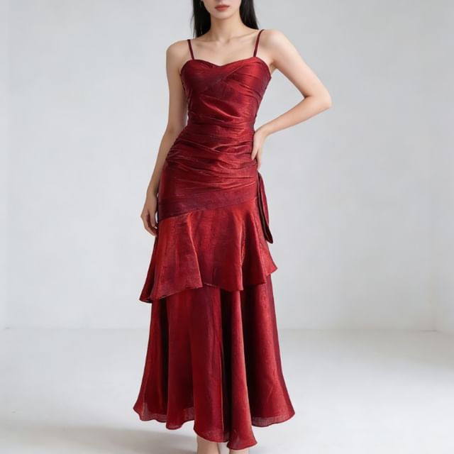 JIYON-Robe de soirée sirène col V froncée à bretelles spaghetti et empiècement à volants