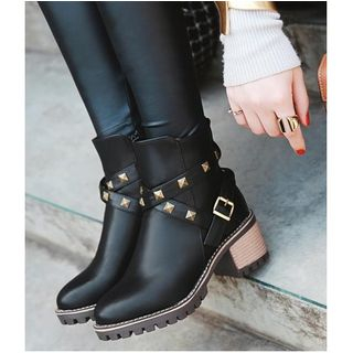 Freesia Chunky-Heel Studded Belted Short Boots