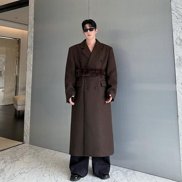 Freehop-Lapel Collar Plain Double Breasted Long Coat