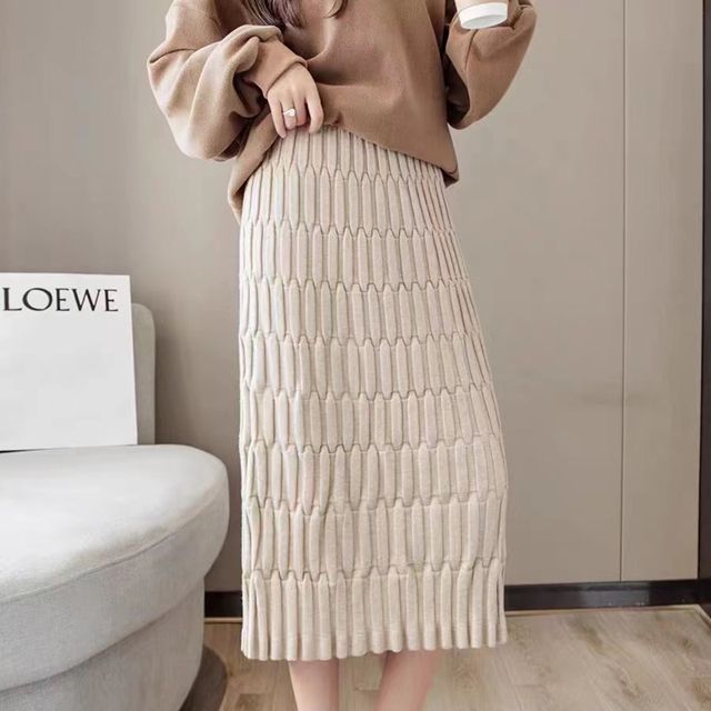 HYAKU High Rise Plain Knit Midi Skirt YesStyle