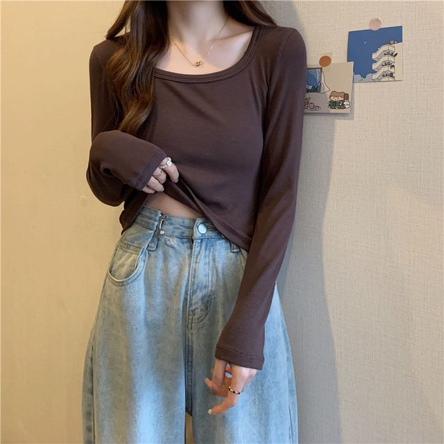 ANORA-Long-Sleeve Scoop Neck Plain T-Shirt