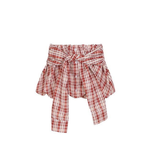 SPUCIKLEI-Elastic Waist Plaid Button Tie Front Bubble Hem Mini A-Line Skirt
