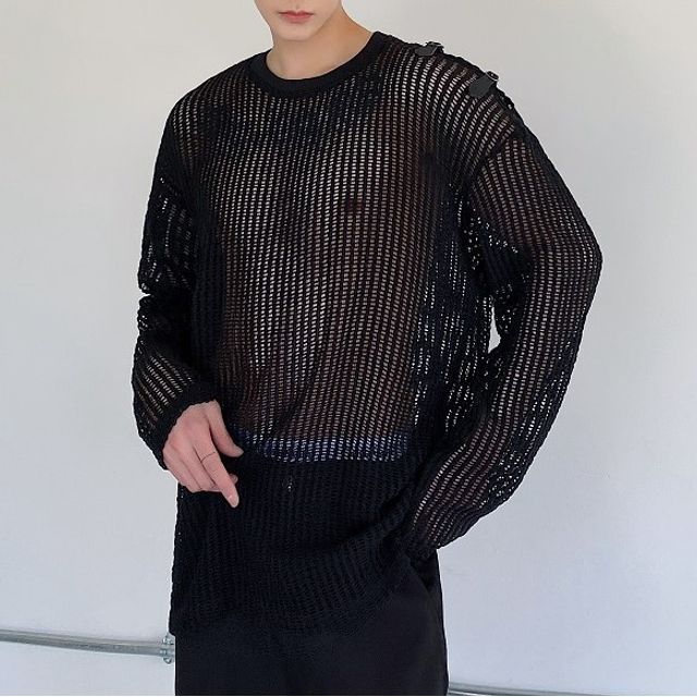 Adothuiastic-Cold-Shoulder Buckled Pointelle Knit Top