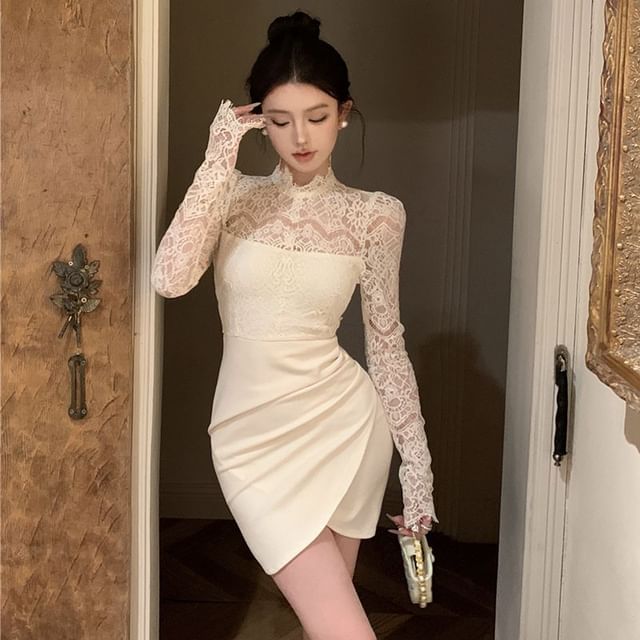 knee length dresses for ladies Seafoam Mock Neck Lace – Petals And Promises Prom