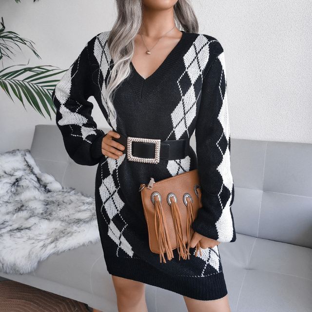 Grovitique - V-Neck Argyle Print Mini Sweater Dress | YesStyle