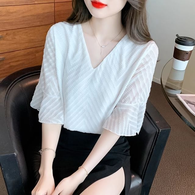 Dragan Pulse-Elbow-Sleeve V-Neck Chiffon Blouse