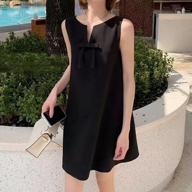 Horrysonie - Short-Sleeve Notch Neck Plain Bow Mini Smock Dress / Sleeveless Mini Dress | YesStyle Horrysonie - Short-Sleeve Notch Neck Plain Bow Mini Smock Dress / Sleeveless Mini Dress | YesStyle
