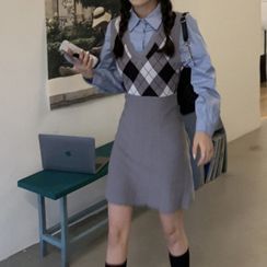Mikiko - V-Neck Plaid Knit Tank Top Dress