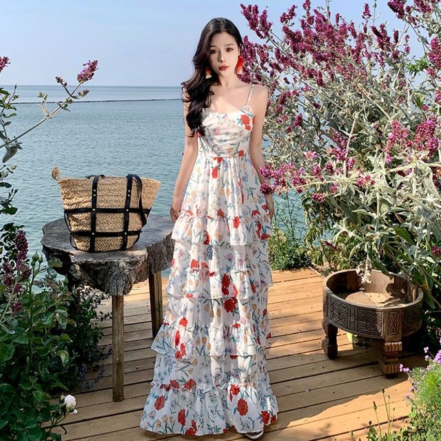 IKVY - Spaghetti Strap Floral Tiered Maxi A-Line Dress
