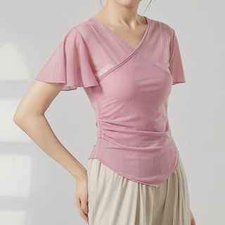 Cossita Short-Sleeve V-Neck Plain Asymmetrical Mesh Dance Top Sale