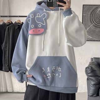 POSI - Two-Tone Cartoon Cow Print Hoodie | YesStyle