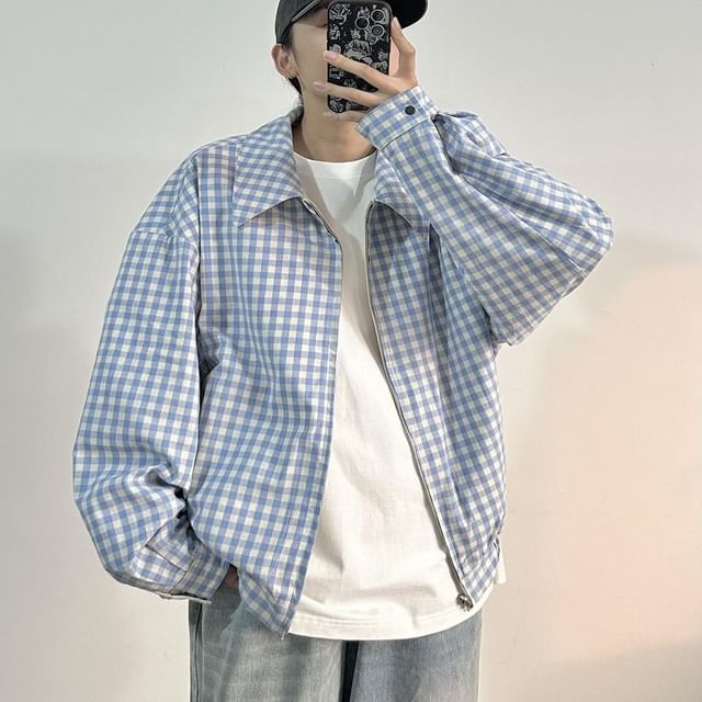 VEAZ-Lapel Collared Plaid Zip Up Jacket