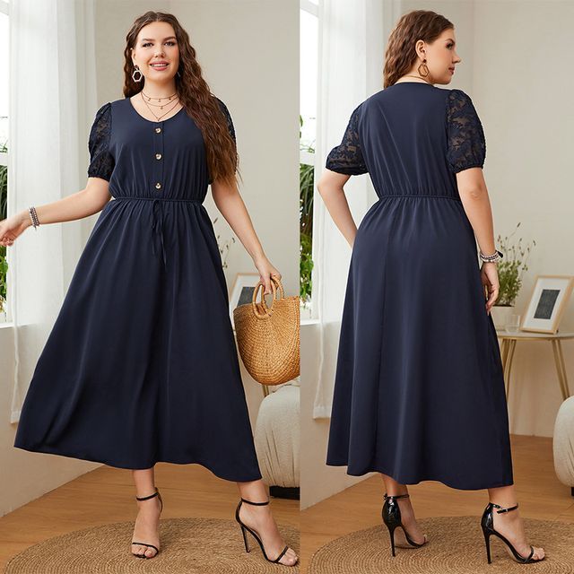 PlusPretty - Plus Size Short-Sleeve Lace Panel Midi A-Line Dress | YesStyle